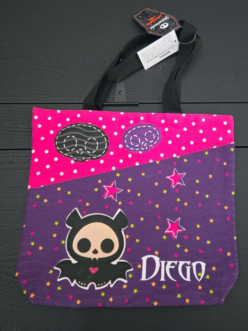 NWT 2009 Skelanimals Diego the Bat hard to find graphic cloth tote 13 inch